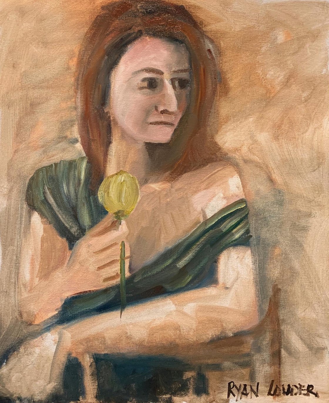 A painting titled 'Woman with Tulip by Ryan Louder' by Ryan Louder