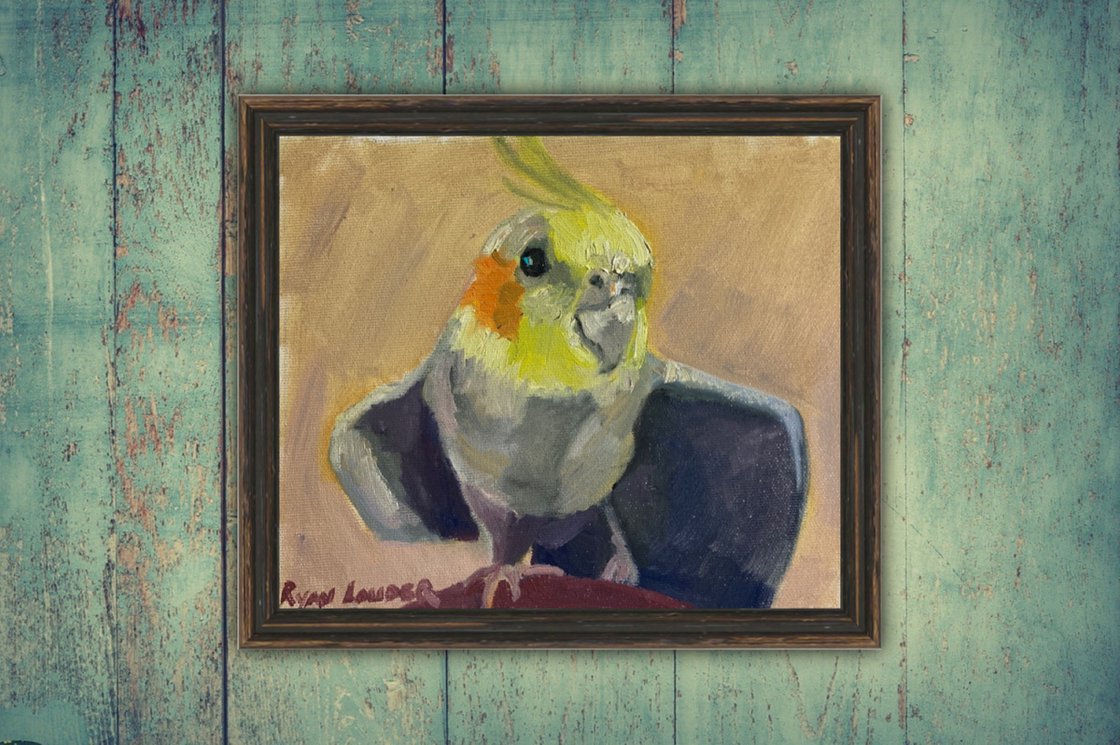 A painting titled 'Cockatiel Stretching by Ryan Louder' by Ryan Louder