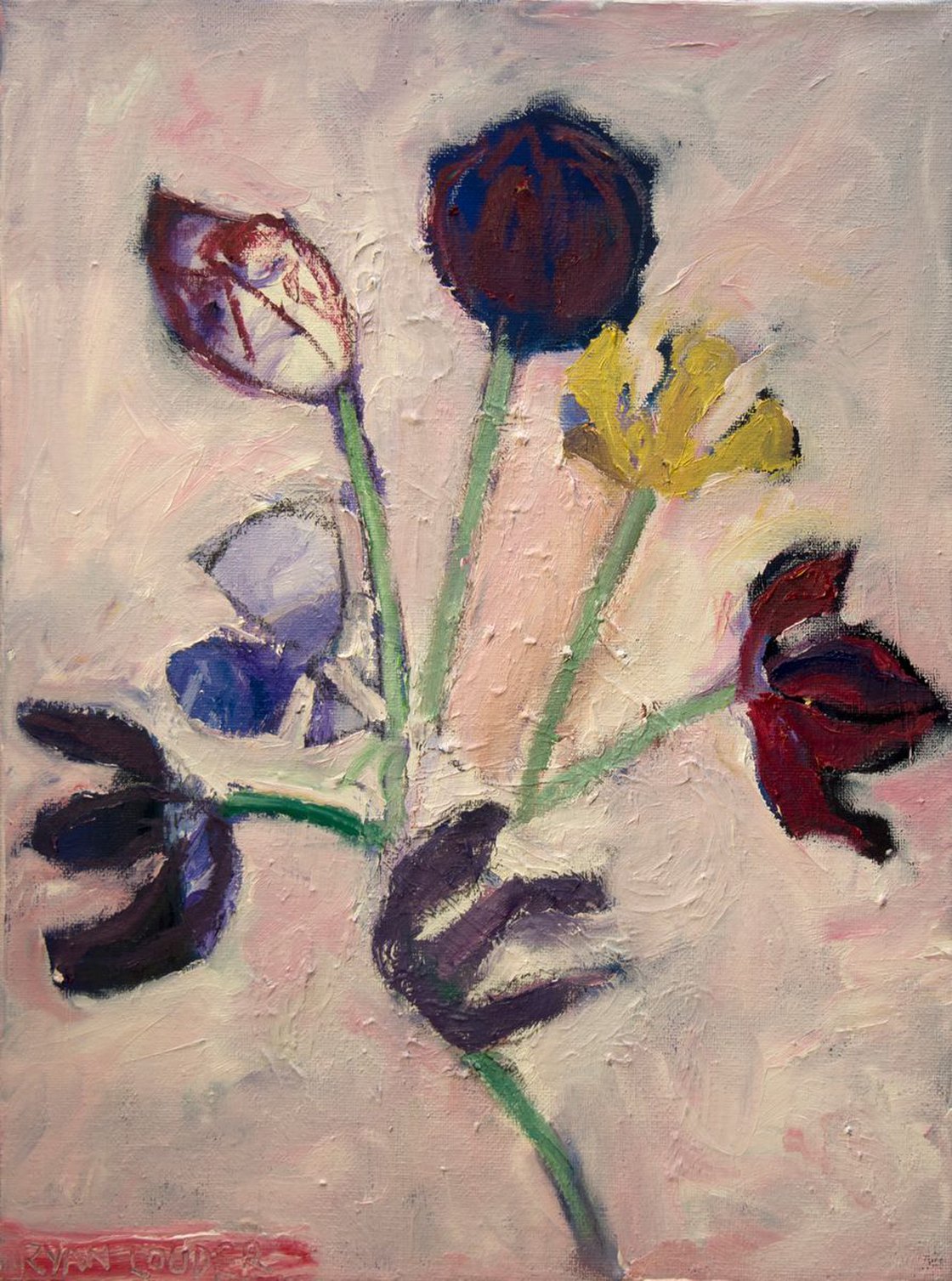 A painting titled 'Tulips and Daffodils Wilting by Ryan Louder' by Ryan Louder