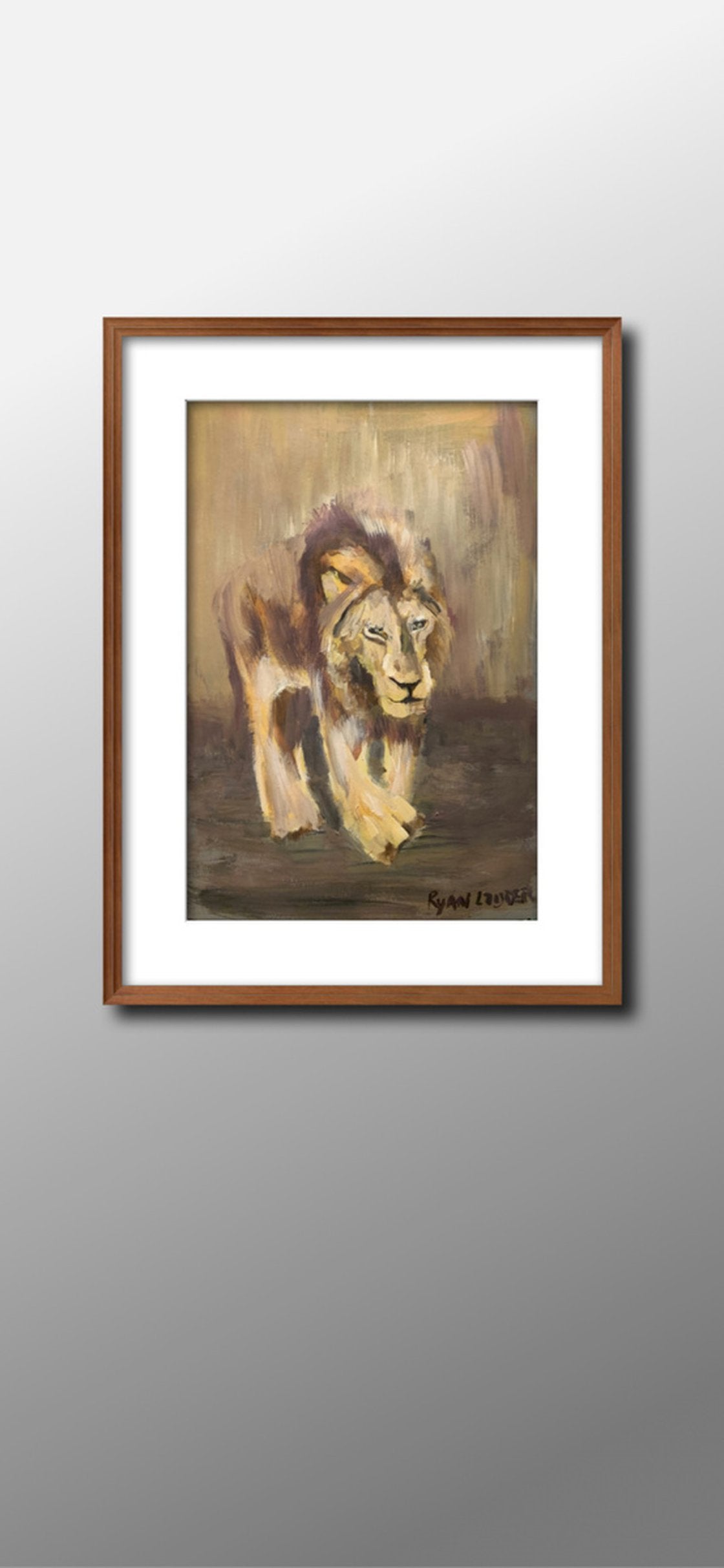 A painting titled 'Lion Walking by Ryan Louder' by Ryan Louder