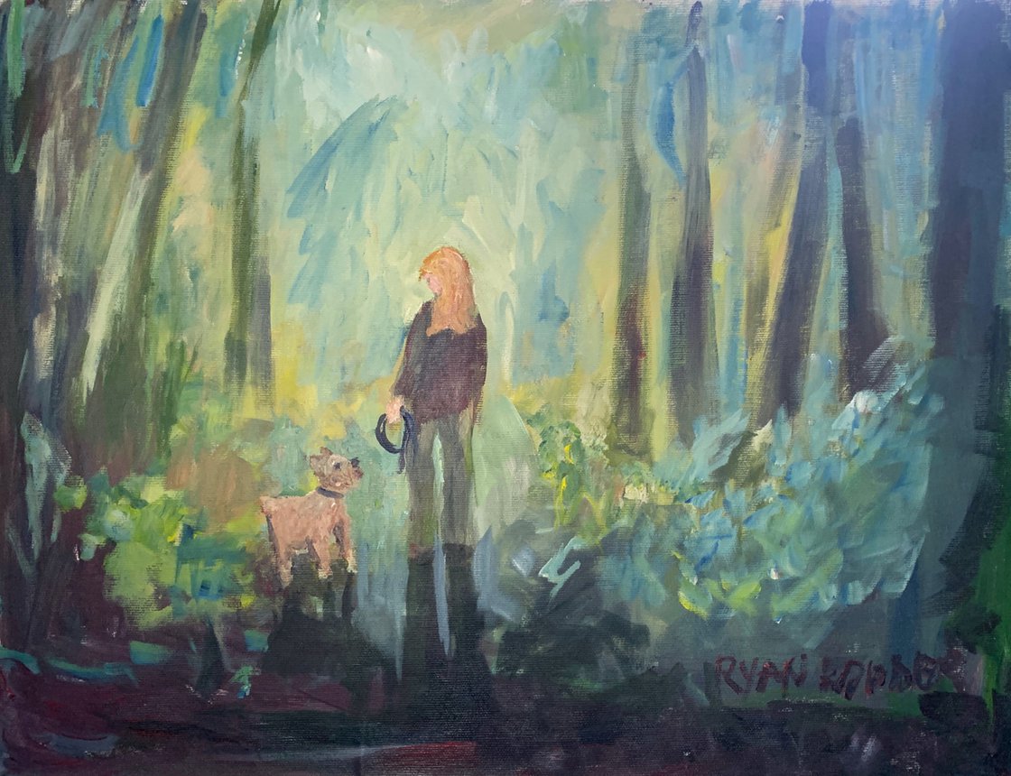 A painting titled 'Dog Walking In The Forest 2 by Ryan Louder' by Ryan Louder