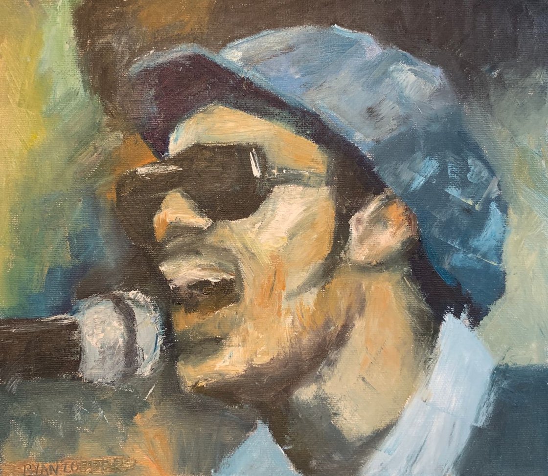 A painting titled 'Stevie Wonder by Ryan Louder' by Ryan Louder