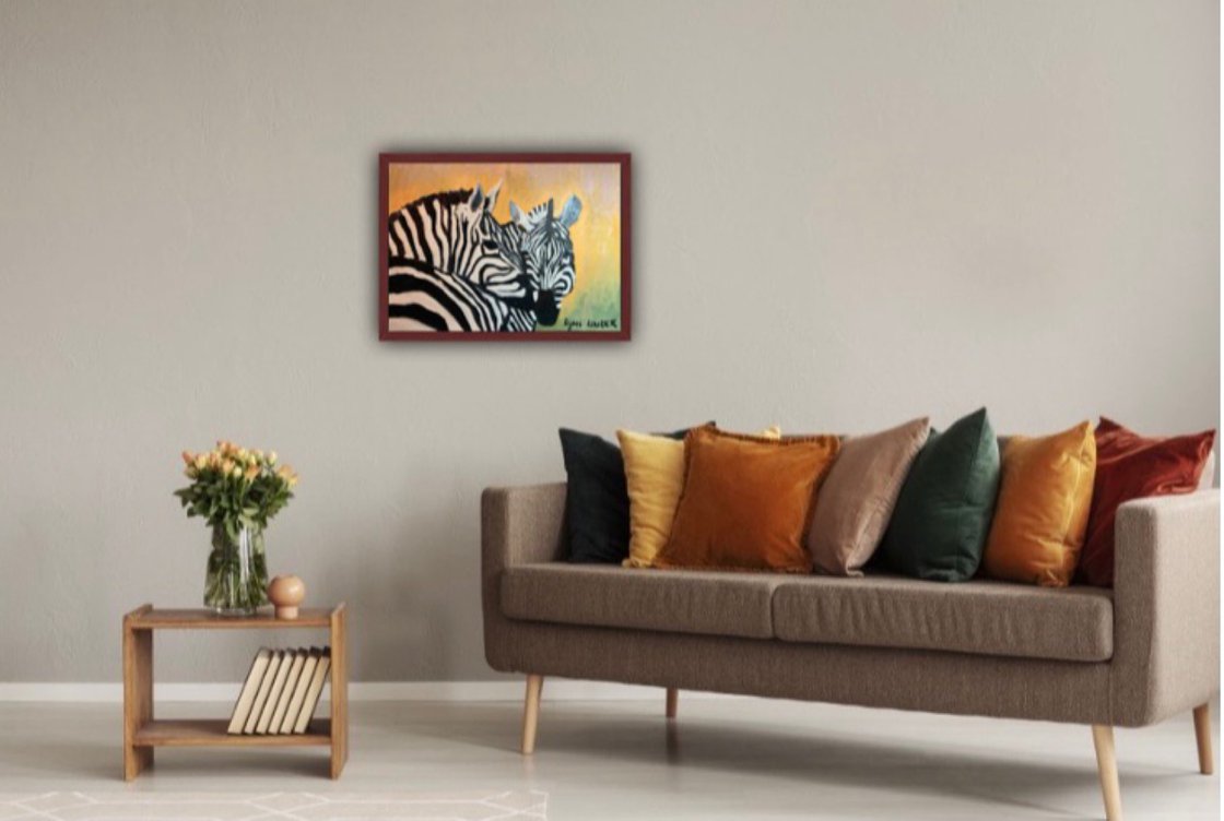 A painting titled 'Zebras in Love by Ryan Louder' by Ryan Louder