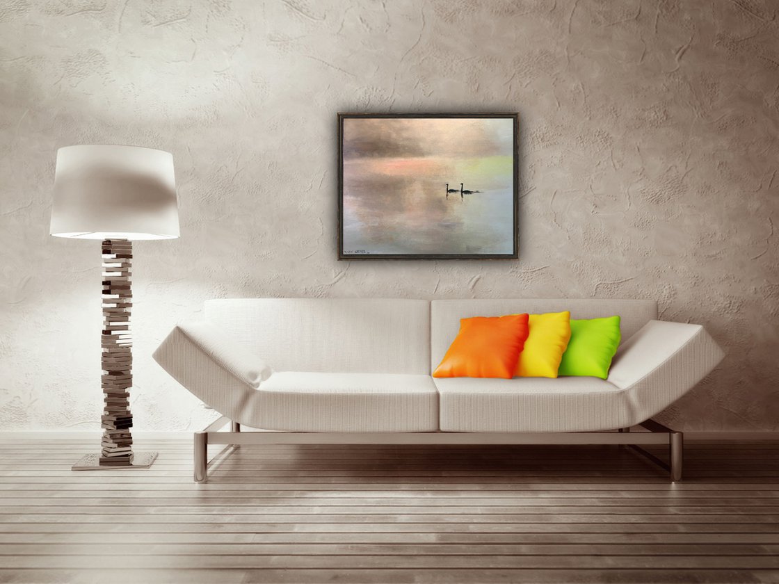 Two Swans At Dawn by Ryan Louder - Sold