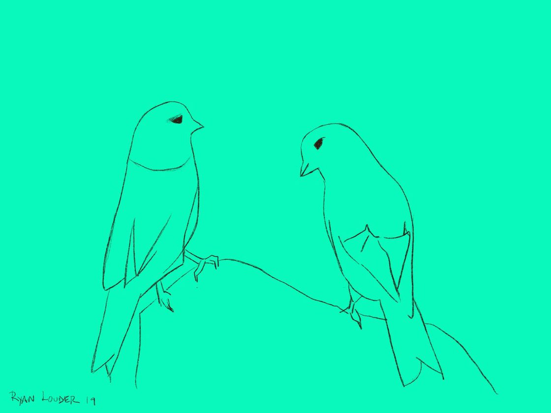 A painting titled '2 Birds 9x12 by Ryan Louder' by Ryan Louder
