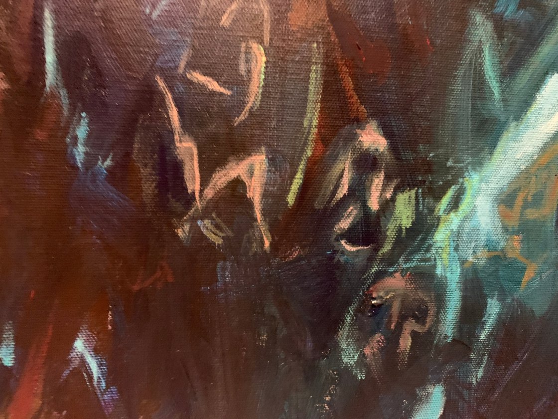 A painting titled 'Into The Woods- Dog Walking by Ryan Louder' by Ryan Louder