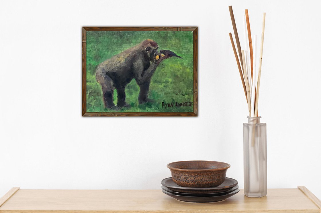A painting titled 'Gorilla Feeding Bird by Ryan Louder' by Ryan Louder