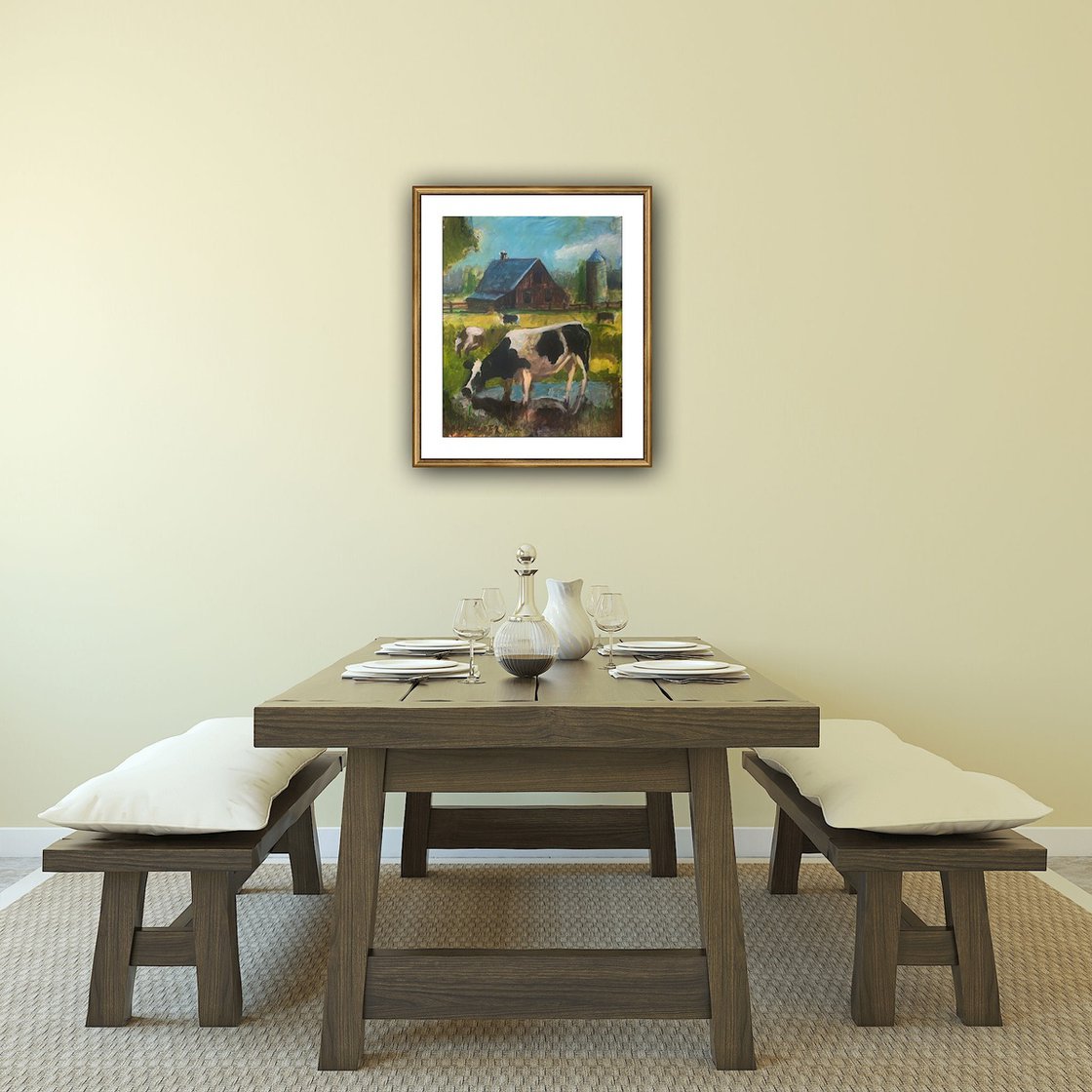 A painting titled 'Cows On The Farm by Ryan Louder' by Ryan Louder