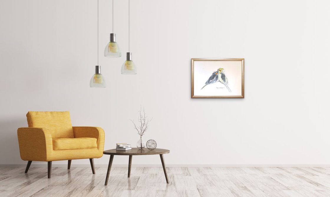 A painting titled 'Cockatiels In Love by Ryan Louder' by Ryan Louder