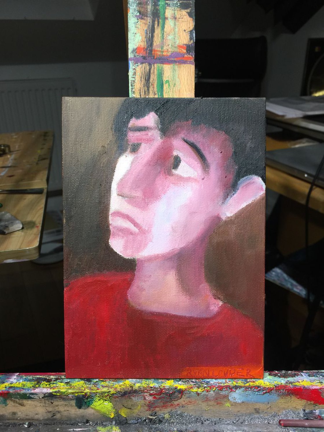 A painting titled 'The Concerned Son 5x7 Canvas Board by Ryan Louder' by Ryan Louder