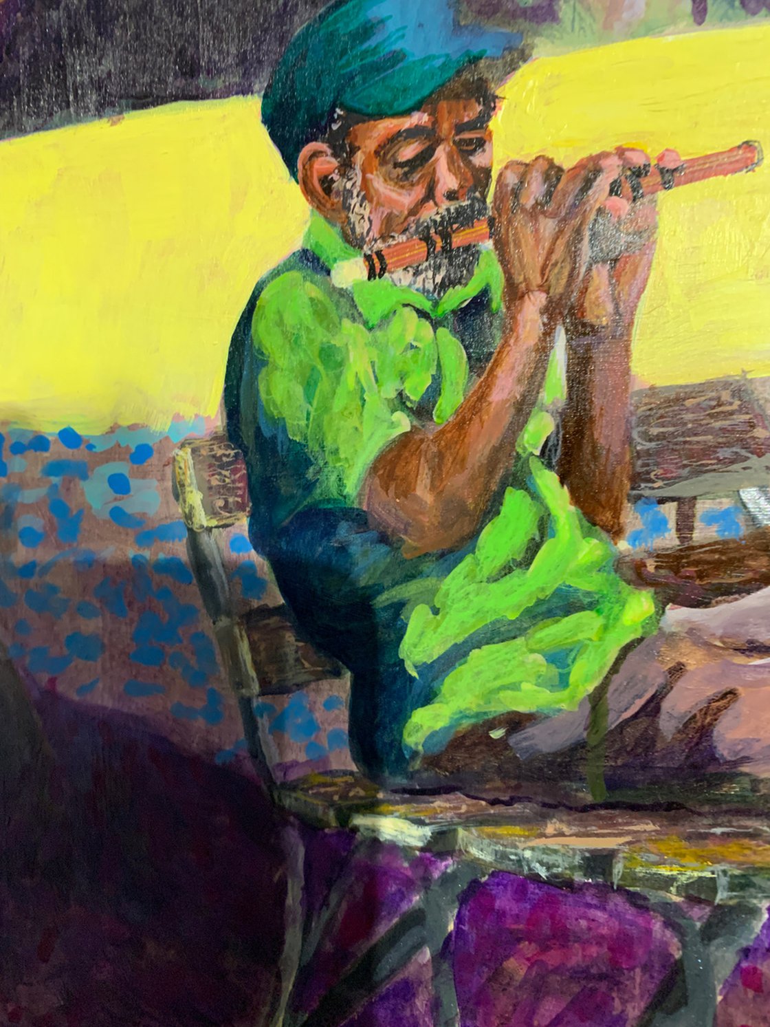 A painting titled 'Flute Player In The Park by Ryan Louder' by Ryan Louder