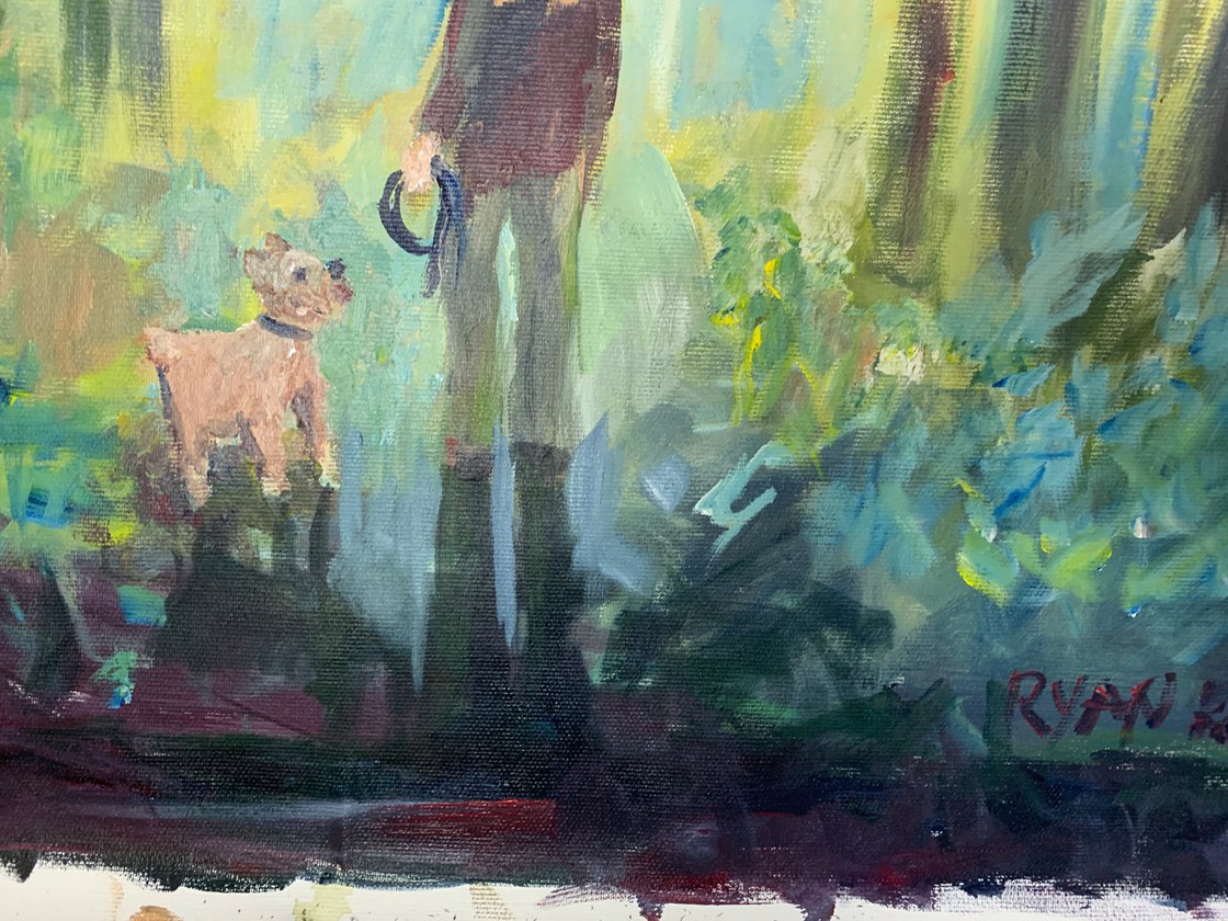 A painting titled 'Dog Walking In The Forest 2 by Ryan Louder' by Ryan Louder