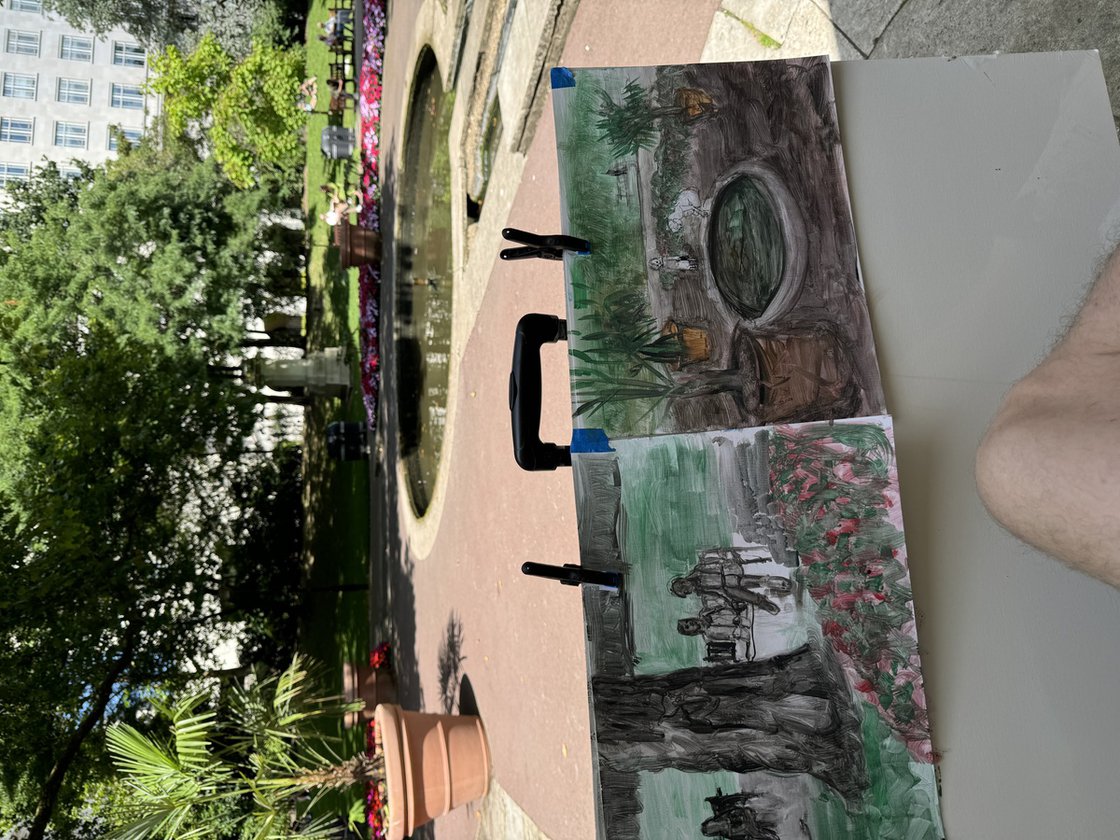 A painting titled 'Friends on Park Bench by Ryan Louder' by Ryan Louder