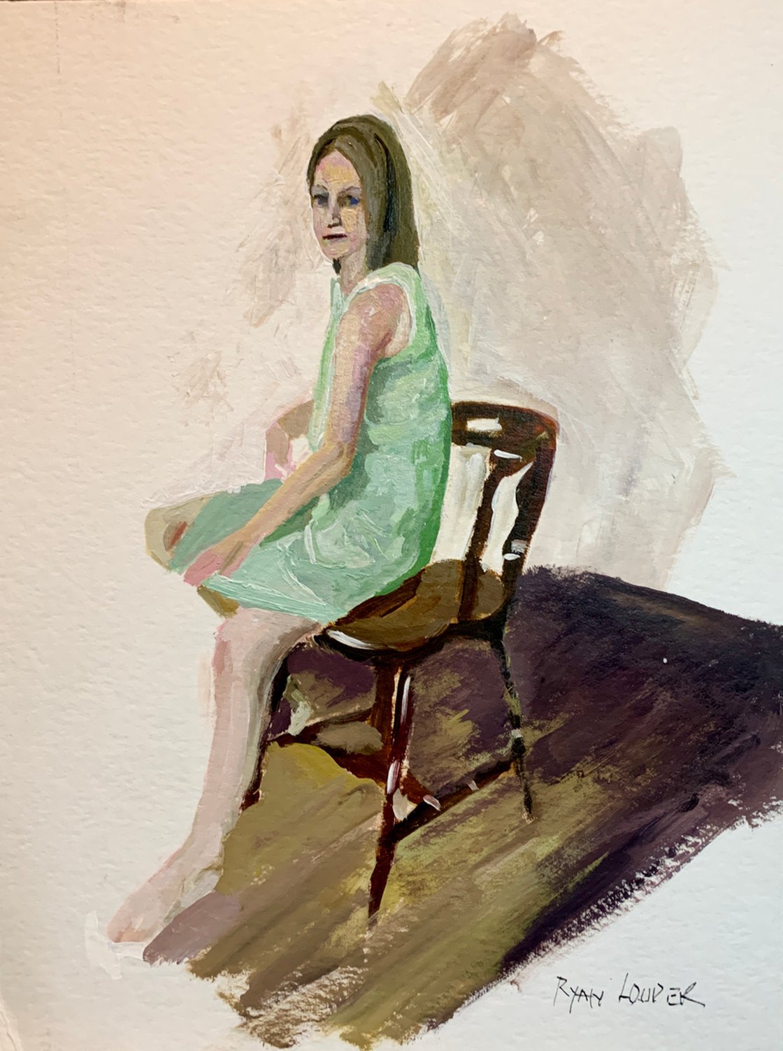 A painting titled 'Woman In a Green Dress by Ryan Louder' by Ryan Louder