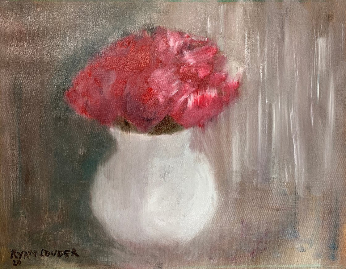 A painting titled 'Red Flowers By The Window by Ryan Louder' by Ryan Louder