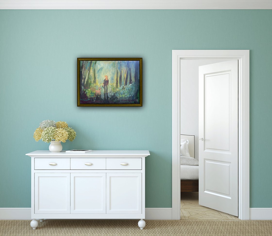 A painting titled 'Dog Walking In The Forest 2 by Ryan Louder' by Ryan Louder