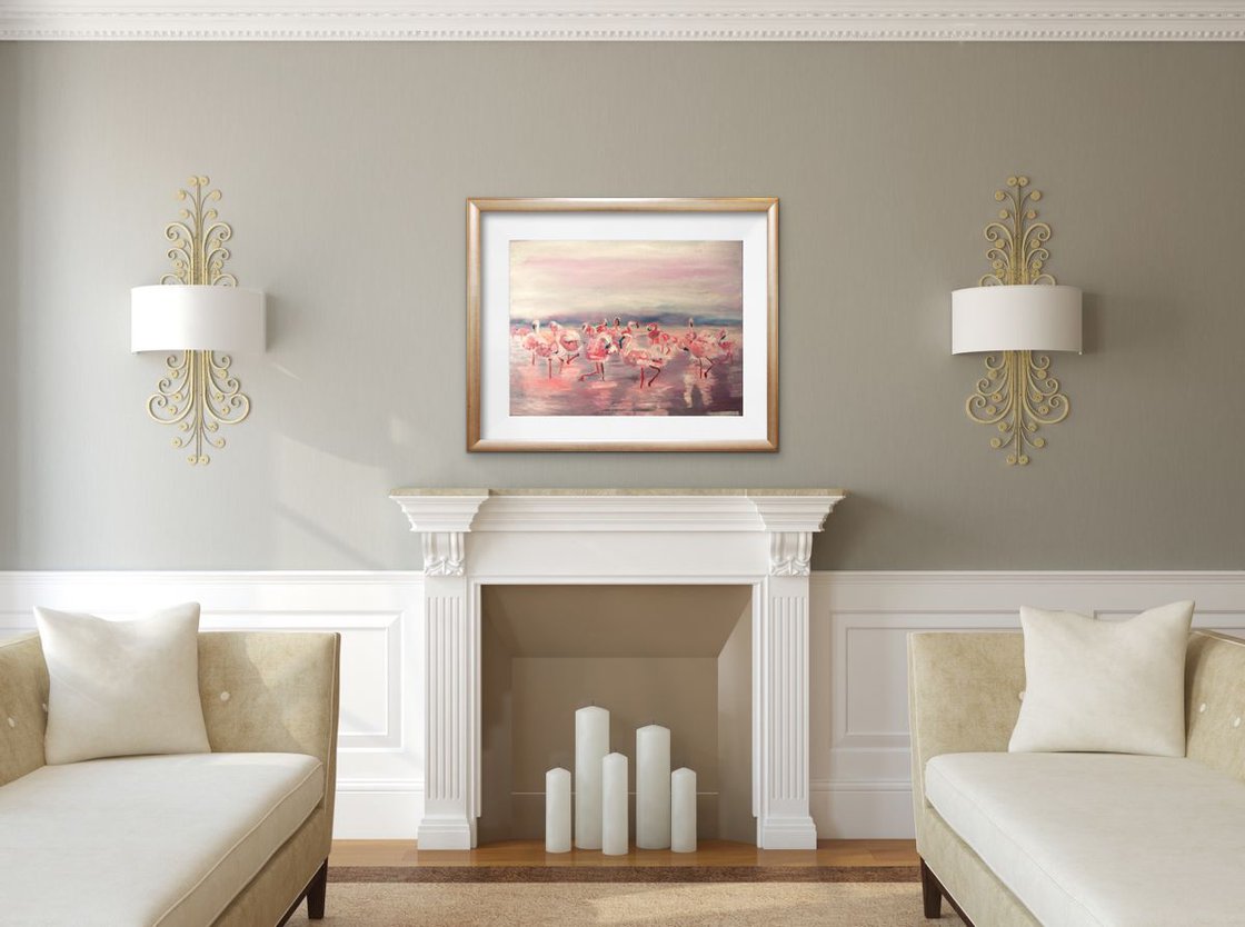 A painting titled 'Flamingos At Dusk by Ryan Louder' by Ryan Louder
