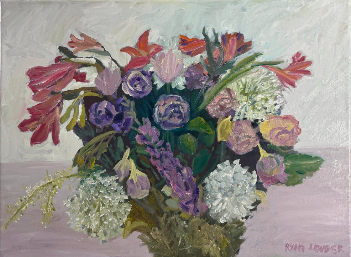 A painting titled 'Flowers On A White Table no.2 by Ryan Louder' by Ryan Louder