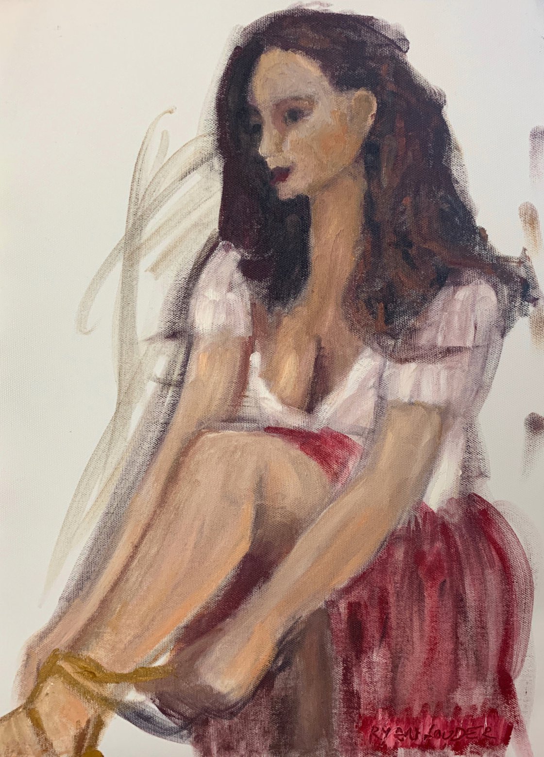 A painting titled 'Putting on her shoes by Ryan Louder' by Ryan Louder