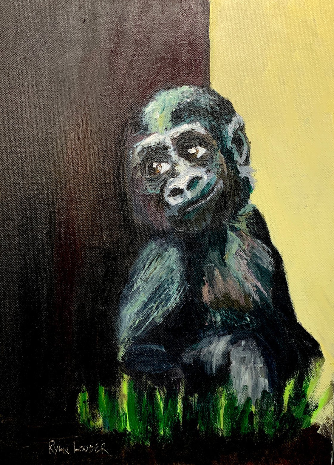 A painting titled 'Baby Gorilla Sitting By A Tree by Ryan Louder' by Ryan Louder