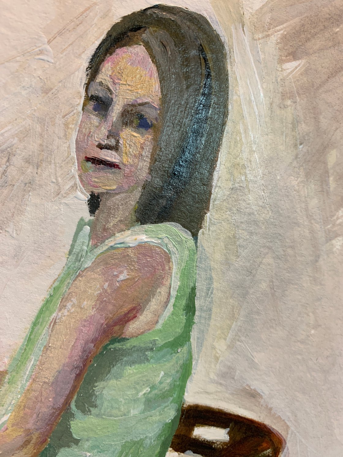 A painting titled 'Woman In a Green Dress by Ryan Louder' by Ryan Louder