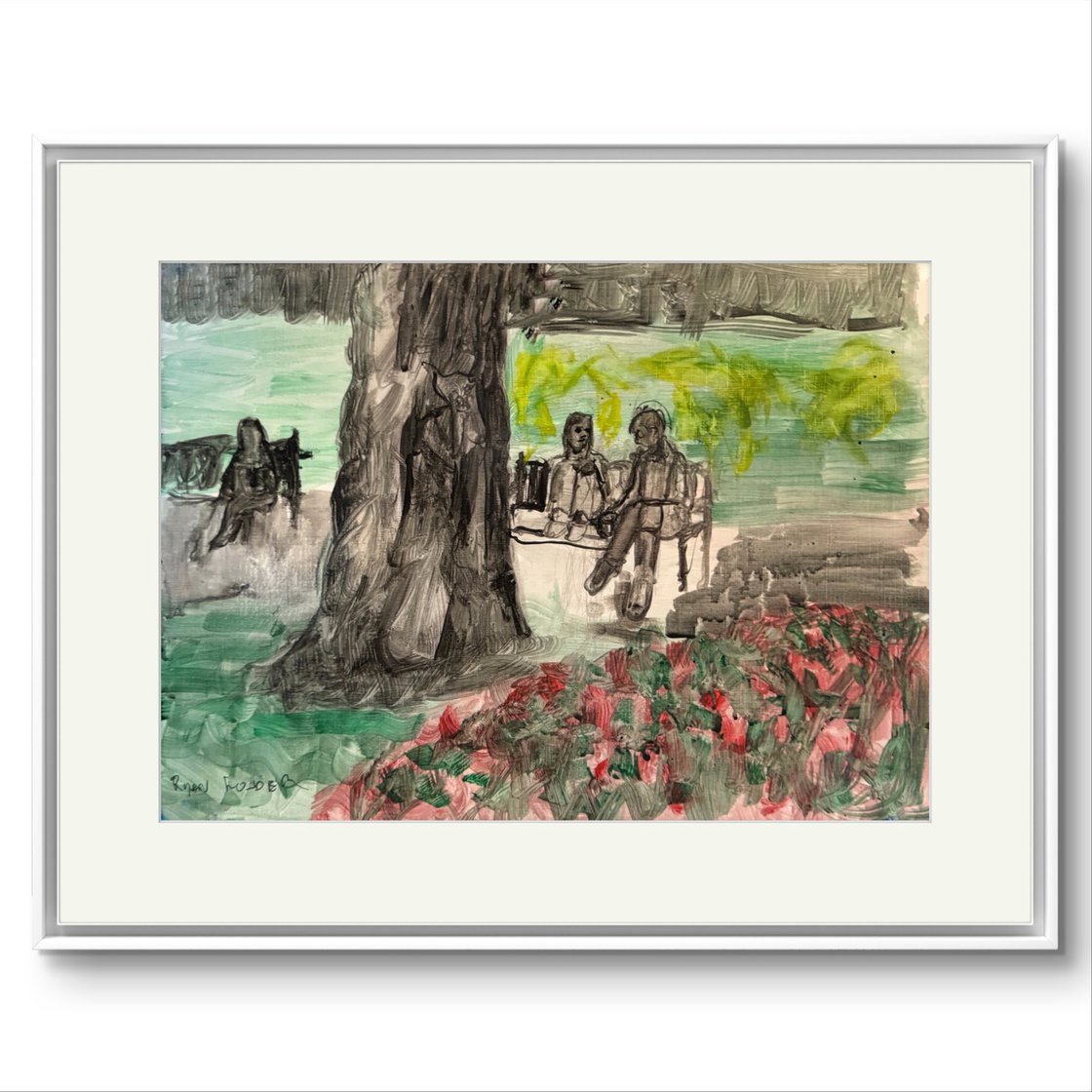 A painting titled 'Friends on Park Bench by Ryan Louder' by Ryan Louder