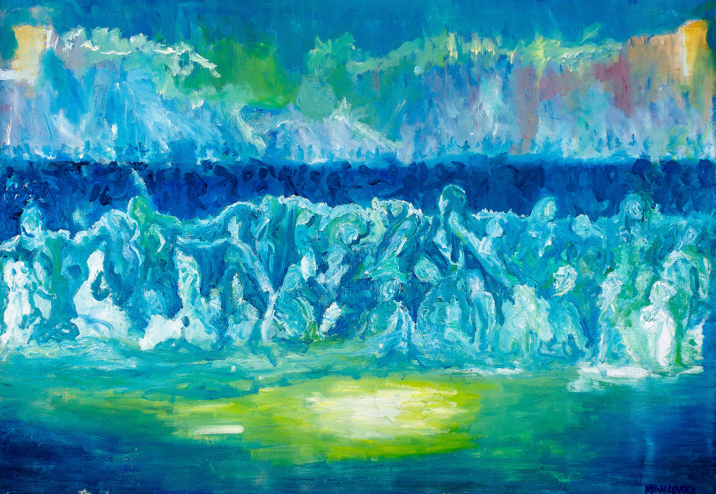 The image is an abstract painting featuring a vibrant blue and green color palette, with a large body of water in the foreground. The painting is characterized by bold brushstrokes and a sense of movement and energy, creating a dynamic and lively composition.