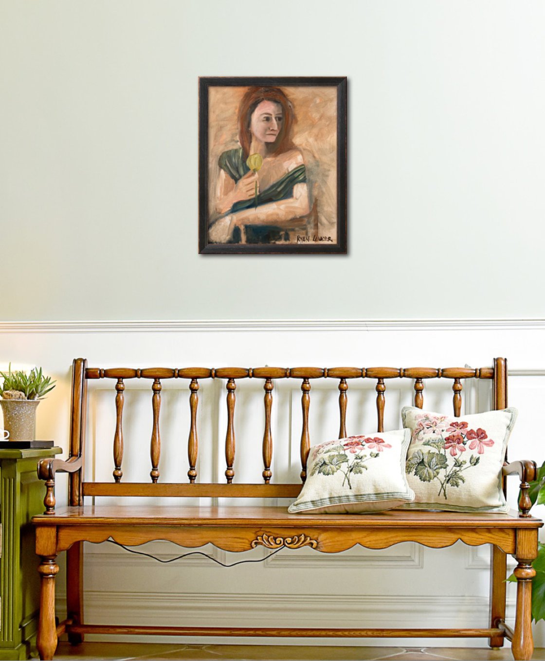 A painting titled 'Woman with Tulip by Ryan Louder' by Ryan Louder