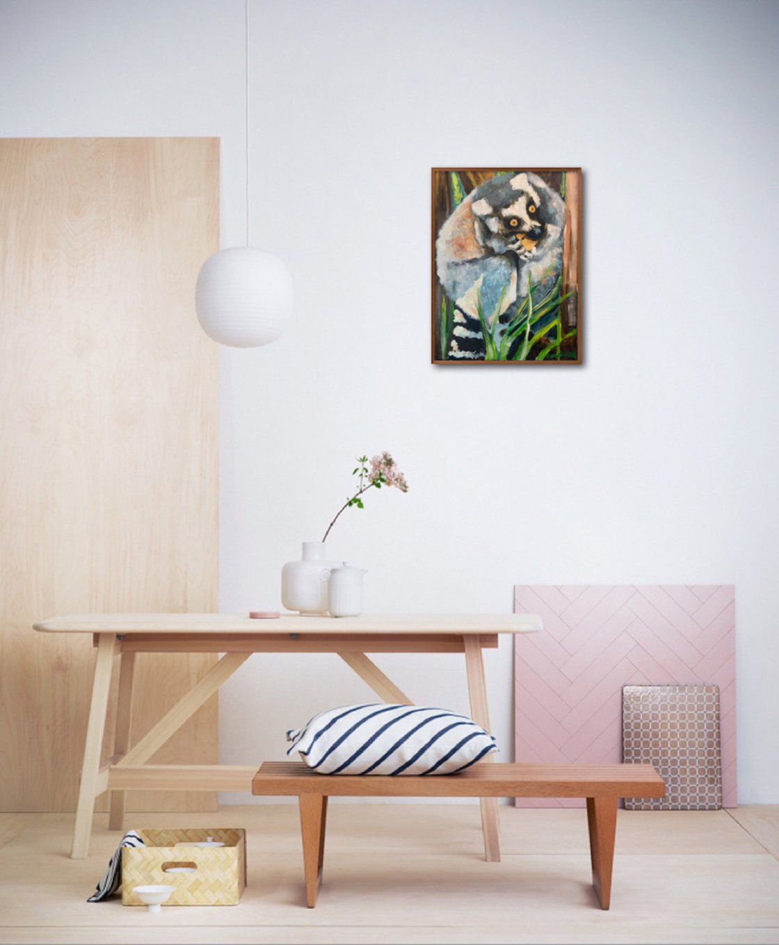 A painting titled 'Ring Tailed Lemur Eating by Ryan Louder' by Ryan Louder