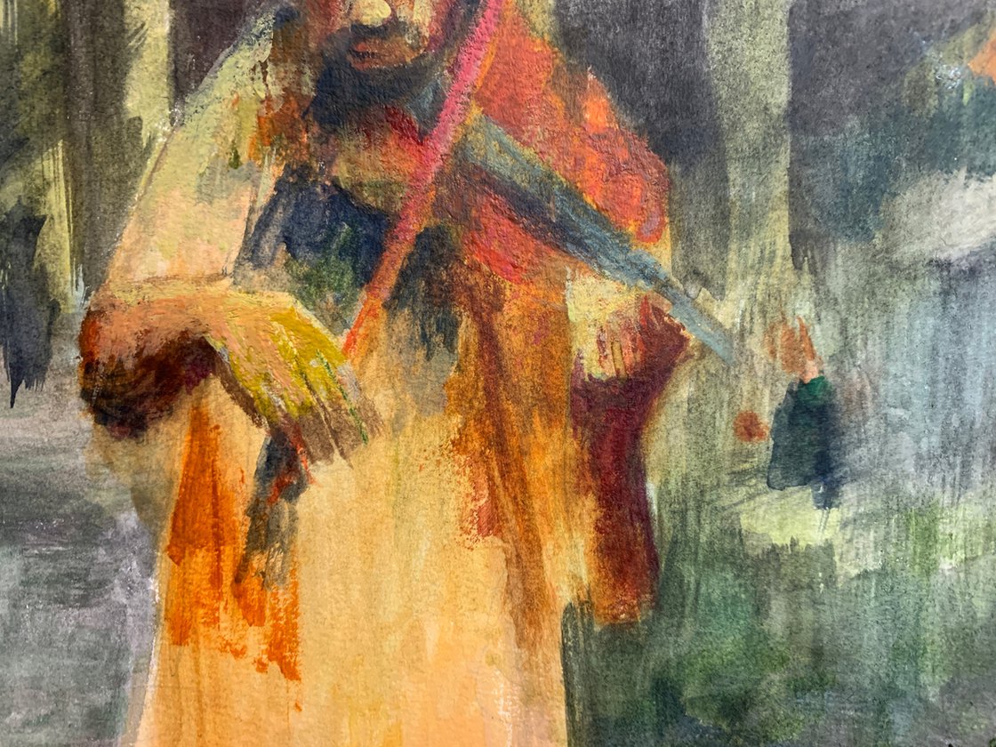 A painting titled 'London Busker by Ryan Louder' by Ryan Louder