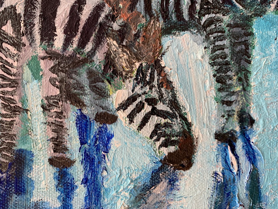 A painting titled 'Zebras In Blue Water by Ryan Louder' by Ryan Louder