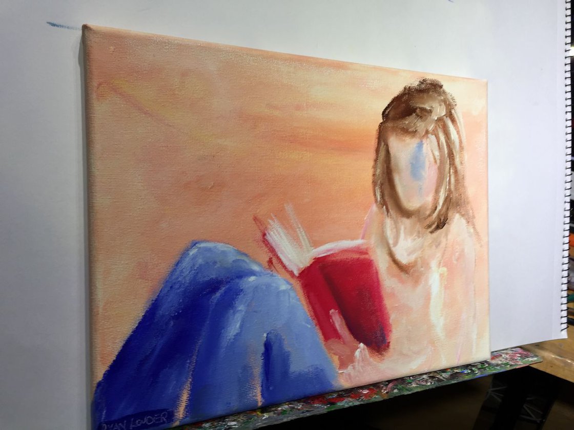 A painting titled 'Reading Reading And More Reading 12x9 by Ryan Louder' by Ryan Louder