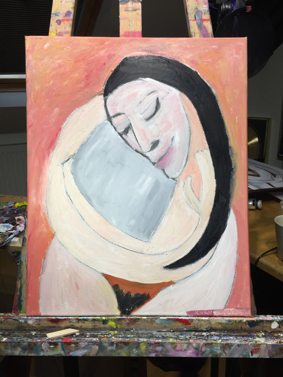 A painting titled 'Woman with Pillow by Ryan Louder' by Ryan Louder