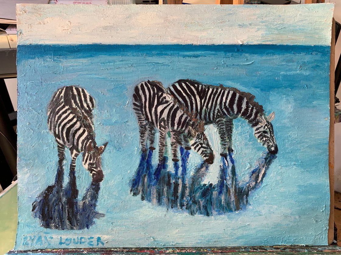 A painting titled 'Zebras In Blue Water by Ryan Louder' by Ryan Louder
