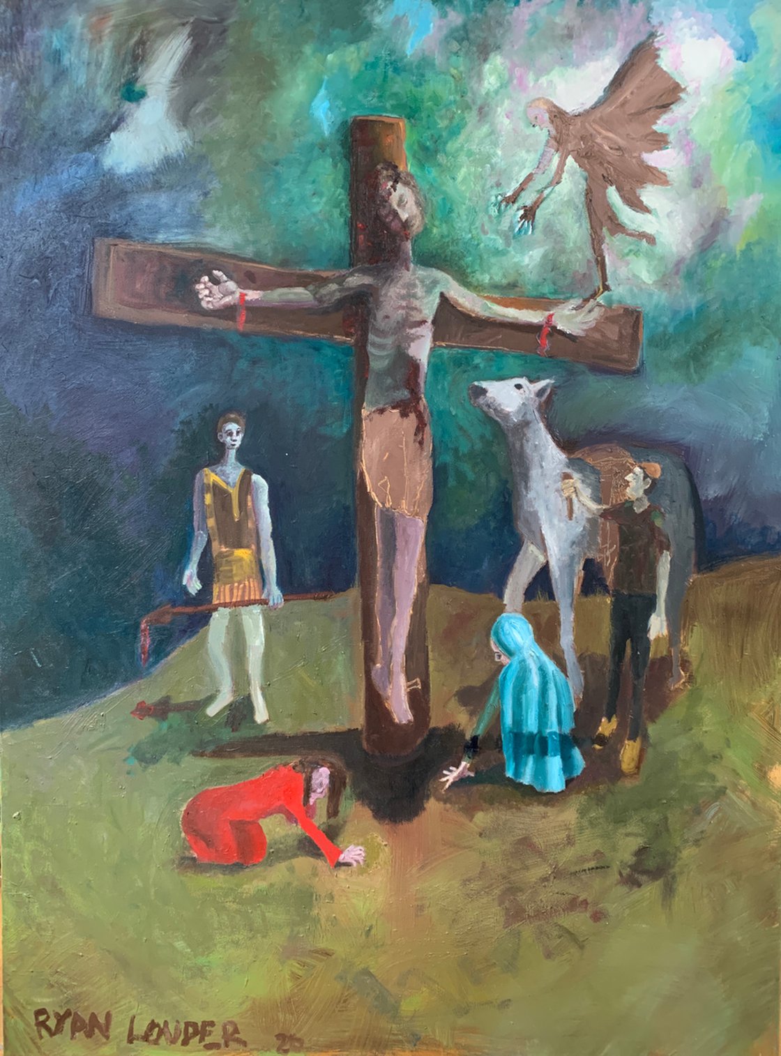 A painting titled 'Crucifixion by Ryan Louder' by Ryan Louder