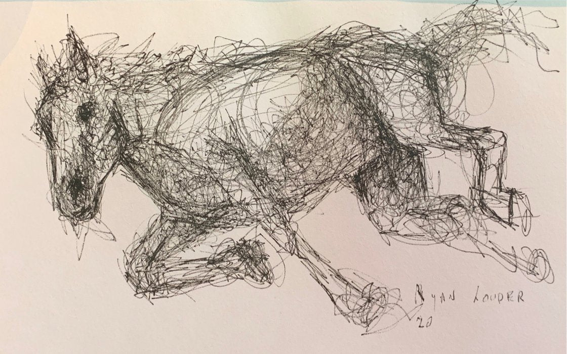 A painting titled 'Horse Stumbles In Ink 6x9 Ink on paper by Ryan Louder' by Ryan Louder