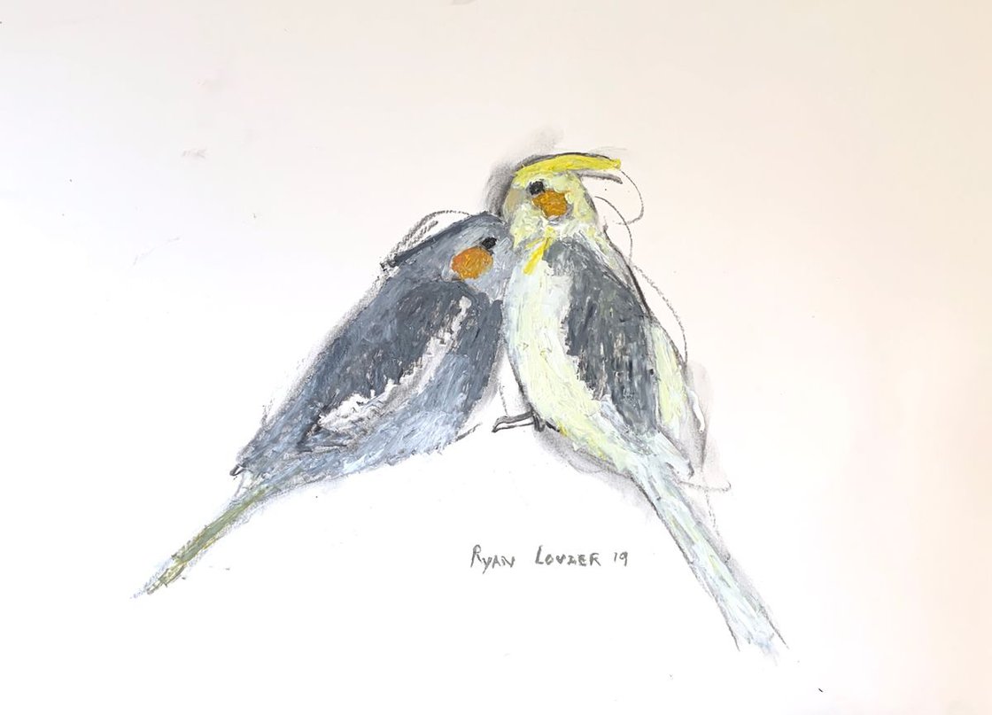 A painting titled 'Cockatiels In Love by Ryan Louder' by Ryan Louder