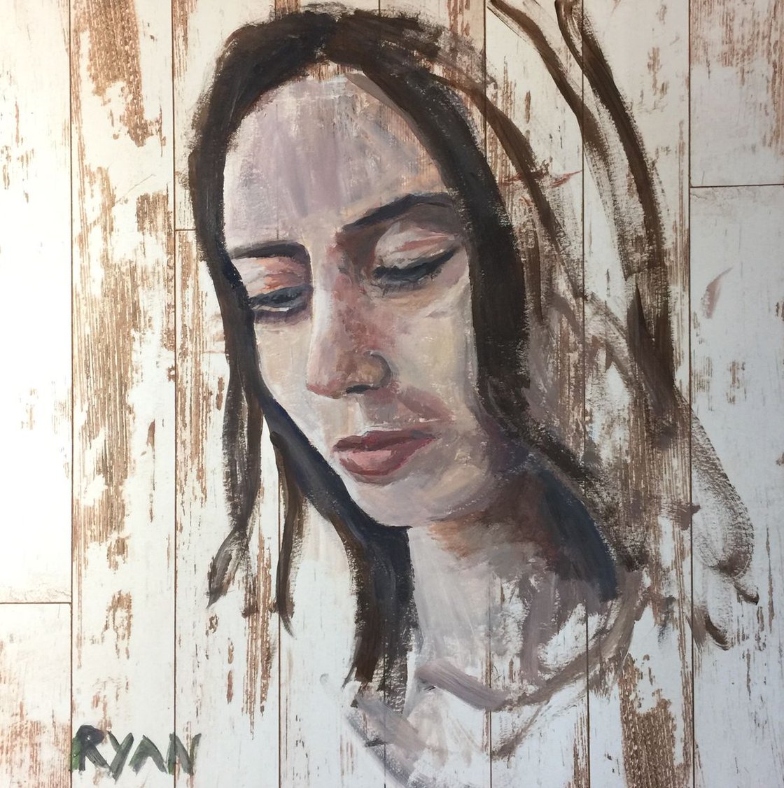 Faces In Wood 3 - Acrylic On Paper - 12"x12" by Ryan Louder