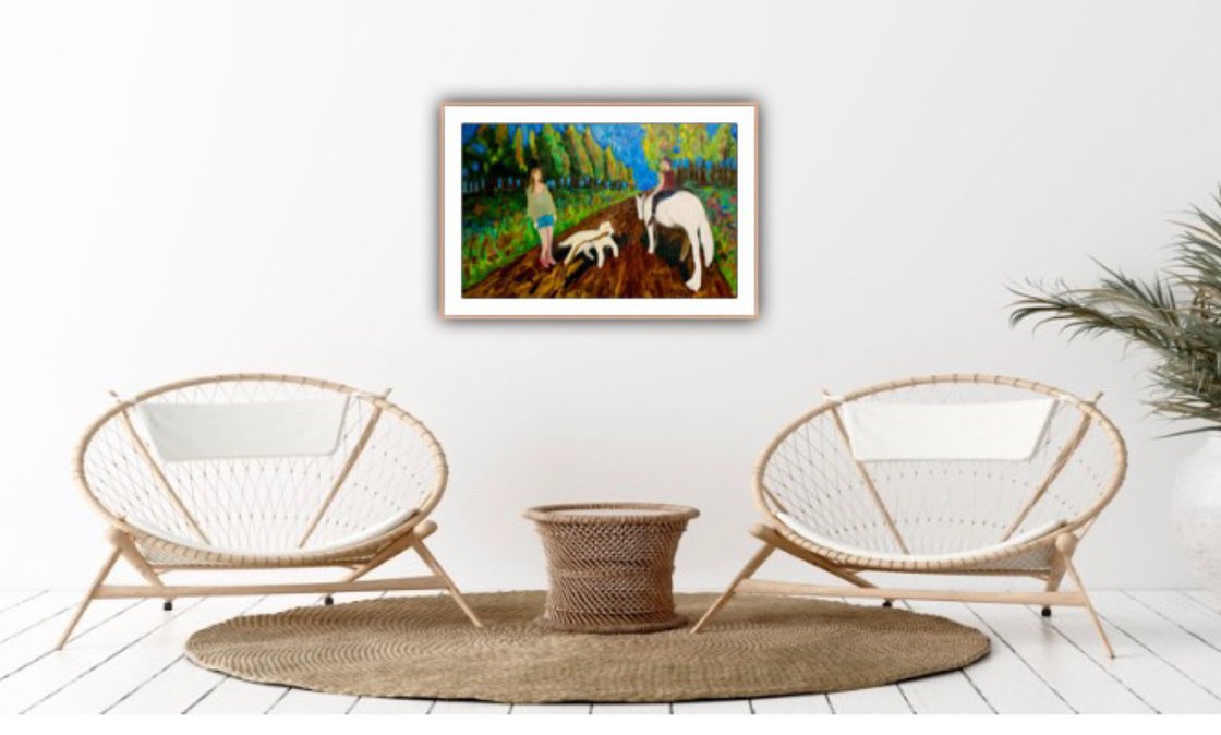 A painting titled 'Dog Walk On A Sunny Day by Ryan Louder' by Ryan Louder