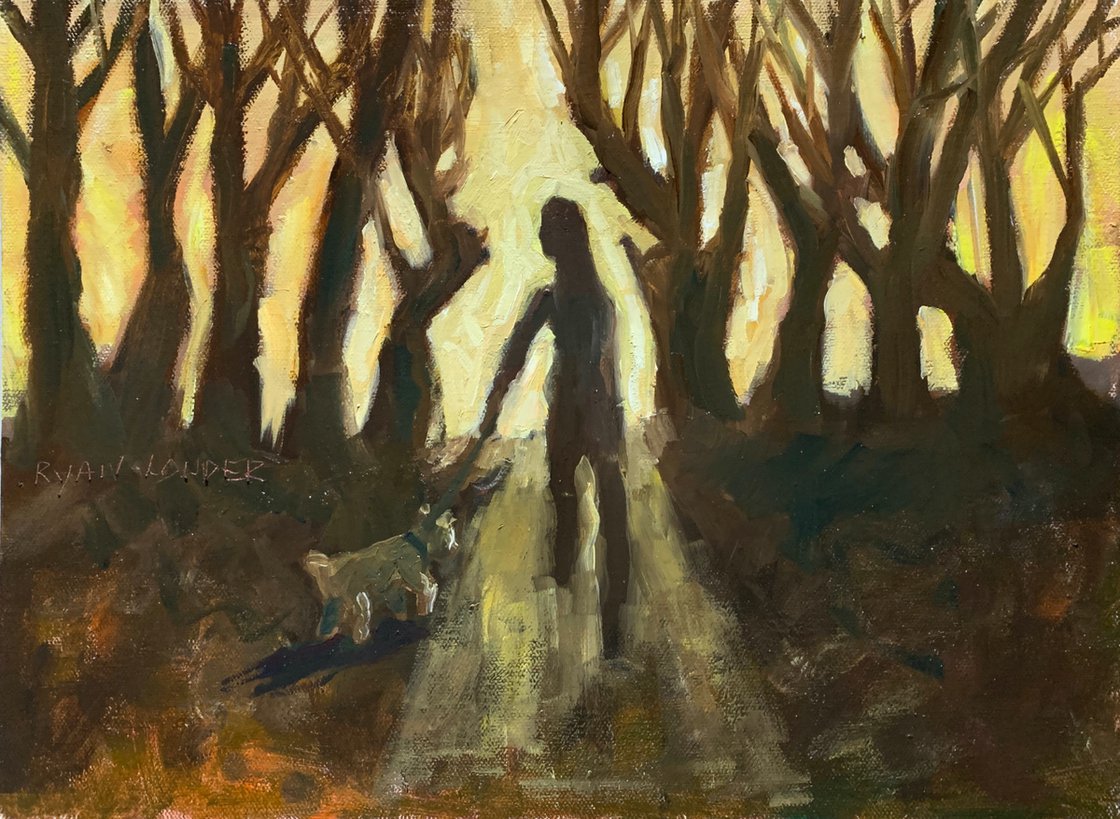 A painting titled 'Dog Walking In The Autumn by Ryan  Louder' by Ryan Louder