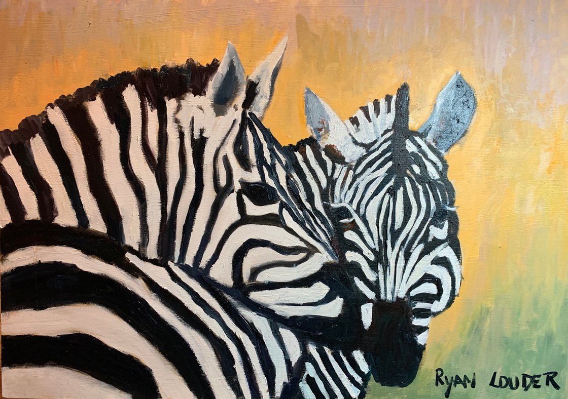 A painting titled 'Zebras in Love by Ryan  Louder' by Ryan Louder
