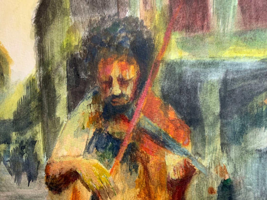 A painting titled 'London Busker by Ryan  Louder' by Ryan Louder