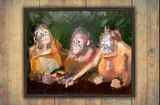 Three Baby Orangutans Painting by Ryan Louder