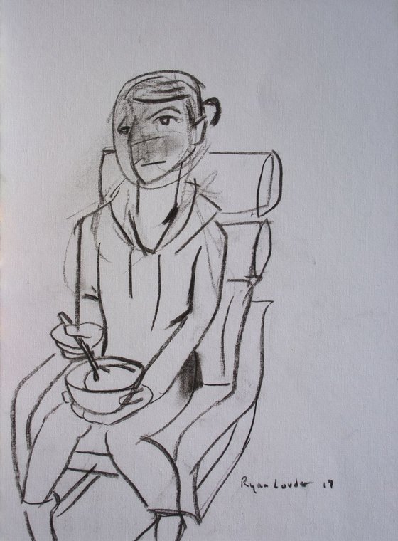 Eating Breakfast Charcoal On Paper A3 16.5 x 11.7 Painting by Ryan Louder