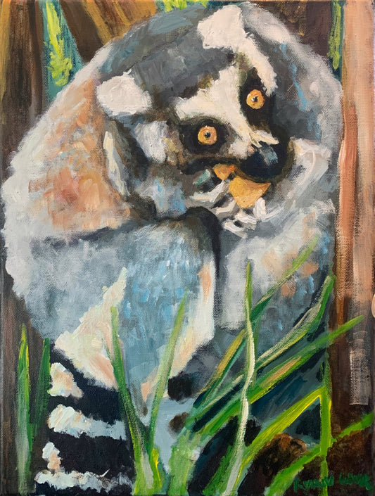 A painting titled 'Ring Tailed Lemur Eating by Ryan  Louder' by Ryan Louder