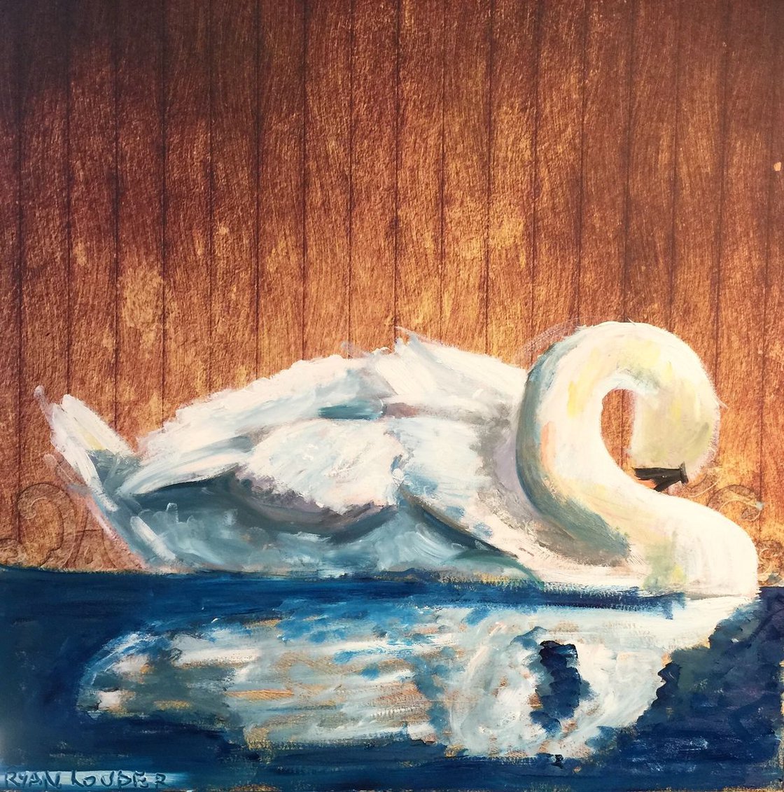 A painting titled 'Swan Preening Oil On Paper 12x12 Study by Ryan  Louder' by Ryan Louder