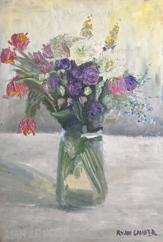 Flowers On A White Table Painting by Ryan Louder