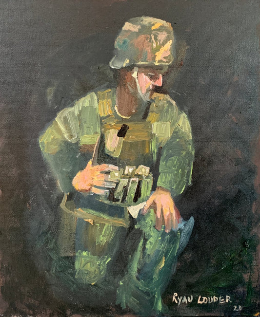 A painting titled 'When A Soldier Kneels by Ryan  Louder' by Ryan Louder