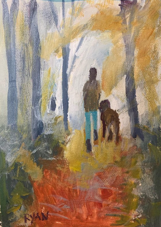 Dog Walking In The Forest Painting by Ryan Louder