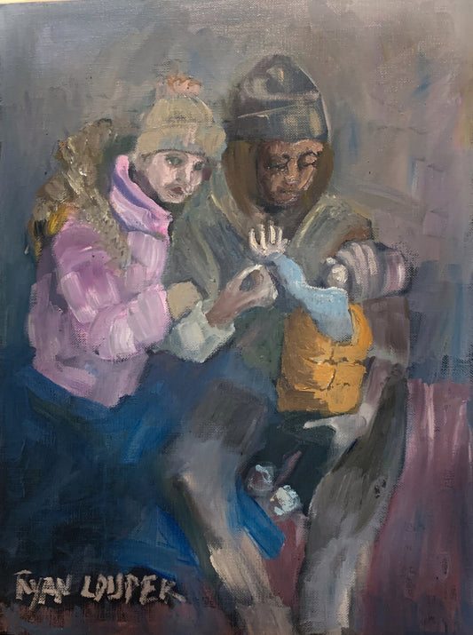 A painting titled 'Ukrainian Family In Bunker by Ryan  Louder' by Ryan Louder